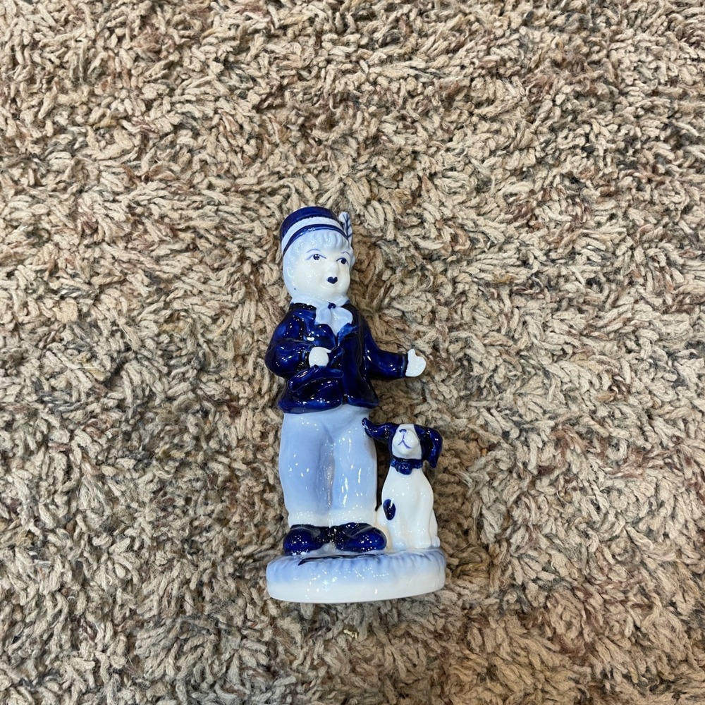 Vintage Blue Delft Boy and Dog Ceramic Figurine Hand Painted Collectible